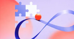 Abstract illustration of puzzle pieces and a path with a ball representing business growth and building systems