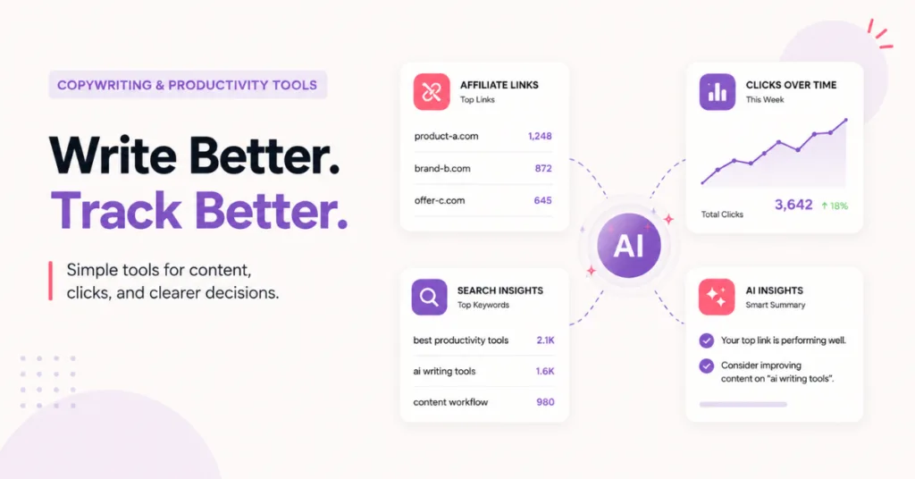 Affiliate marketing analytics tools showing clicks, traffic, search data, and AI insights.