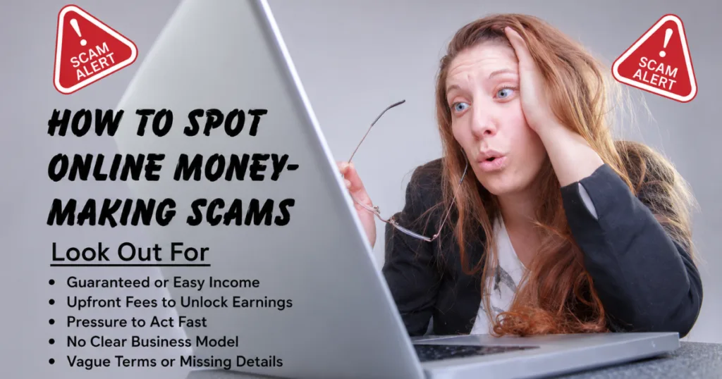 How to spot online money-making scams image showing warning signs like easy income promises, upfront fees, and vague business details