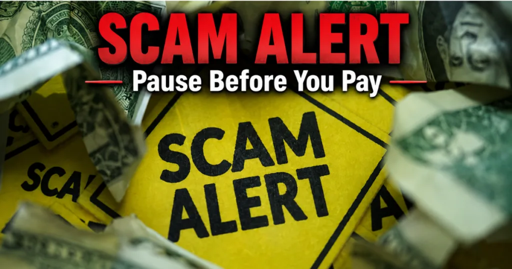 Scam alert image warning readers to pause before paying for an online money-making opportunity