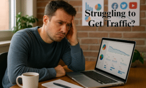 Frustrated affiliate marketer reviewing traffic analytics.