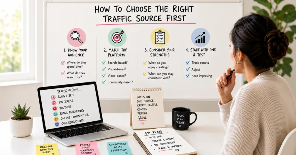 Beginner planning how to choose the right traffic source for blog traffic and online growth