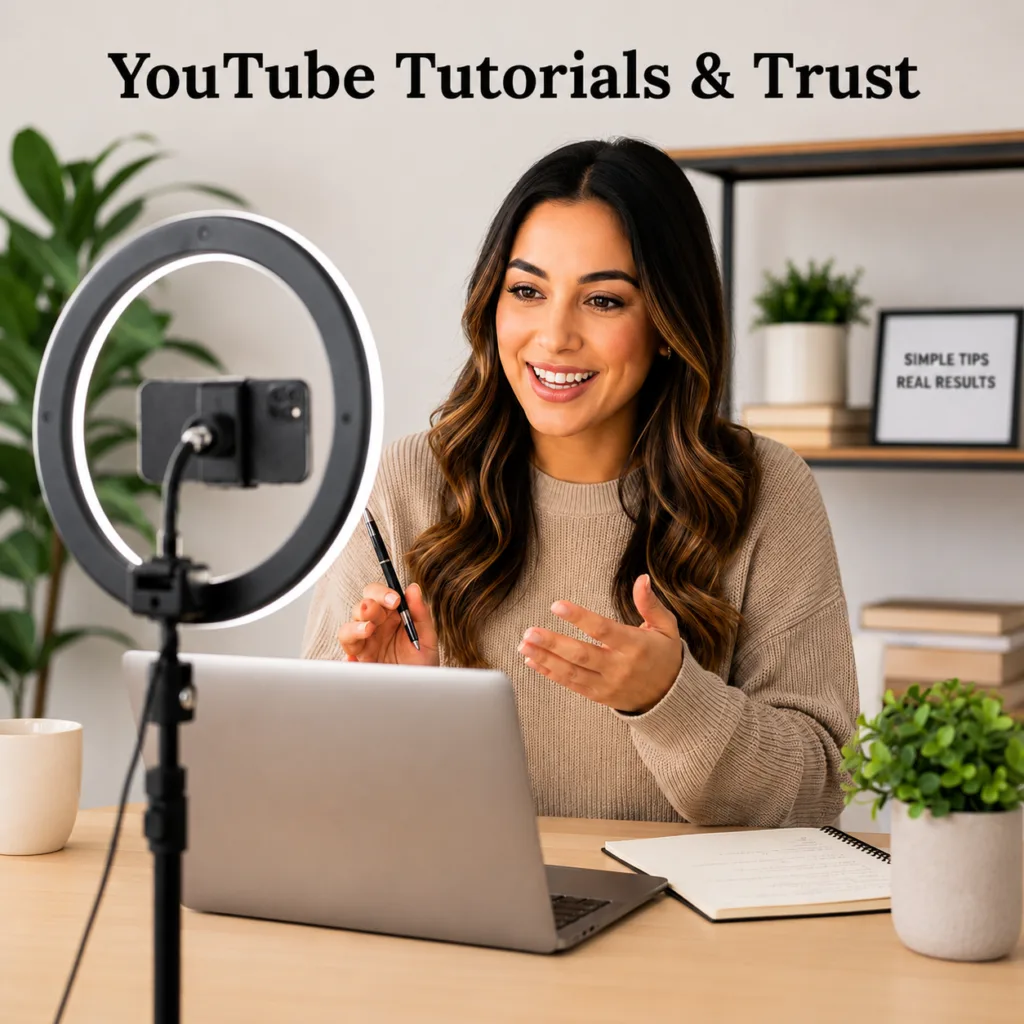 Content creator recording a YouTube tutorial to build trust and traffic for beginners