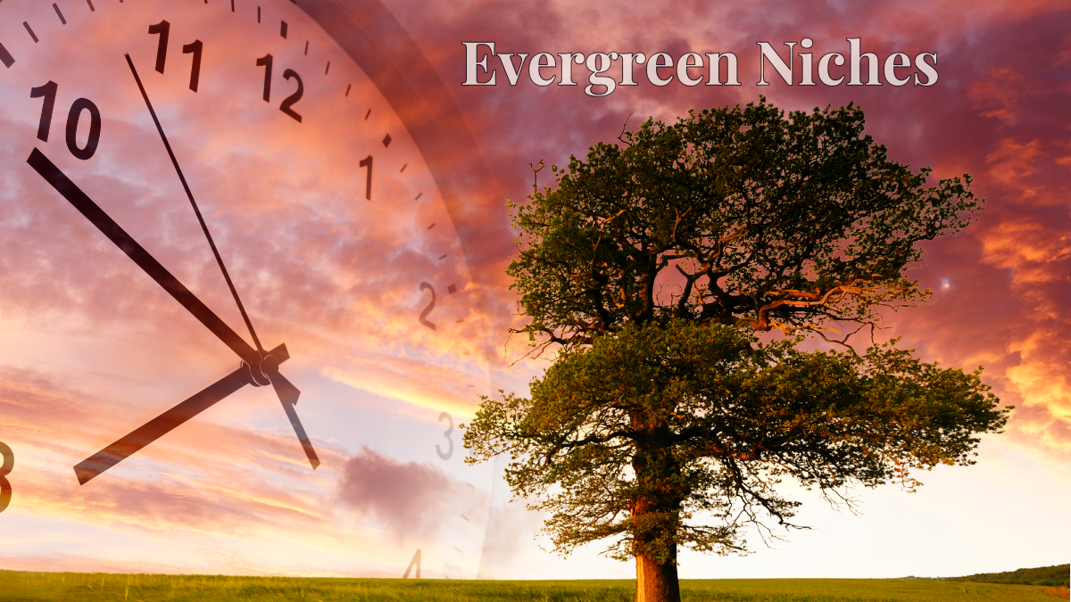 Large evergreen tree in a field at sunset with an overlaid clock, symbolizing timeless affiliate marketing niches