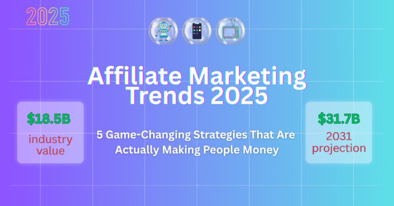 Entrepreneur working on laptop with mobile phone showing affiliate marketing trends 2025 dashboard and social media analytics