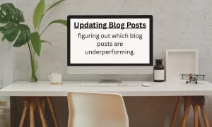Computer screen on a desk with the words 'Updating Blog Posts: figuring out which blog posts are underperforming
