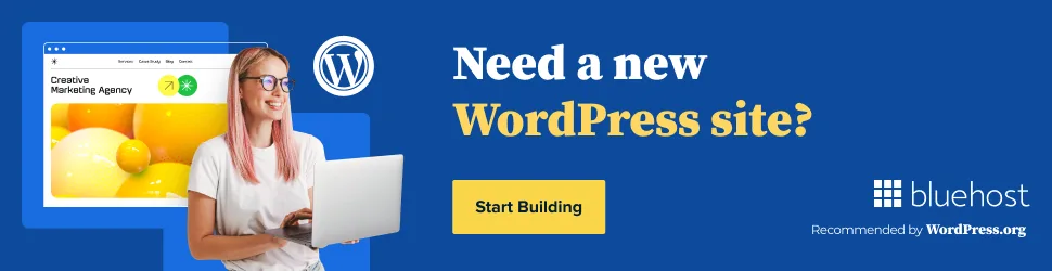 Build a new WordPress site with Bluehost guide featuring a person using a laptop, recommended by WordPress.org.