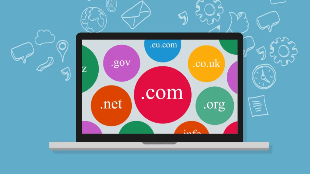 Guide to domain name types including .com, .net, .org, .gov, .co.uk, and .eu.com displayed on a laptop screen.