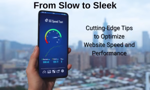 Hand holding a smartphone displaying a 5G speed test with high download and upload speeds, with a city skyline in the background.