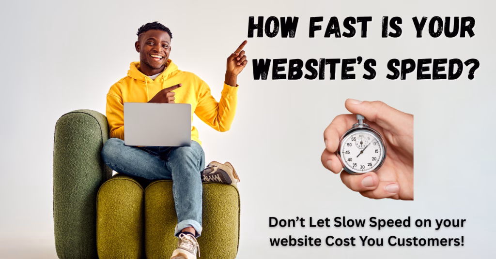 Man smiling and pointing to text “How Fast Is Your Website’s Speed?” with stopwatch graphic, laptop in lap, and subheadline warning about slow website speed costing customers.