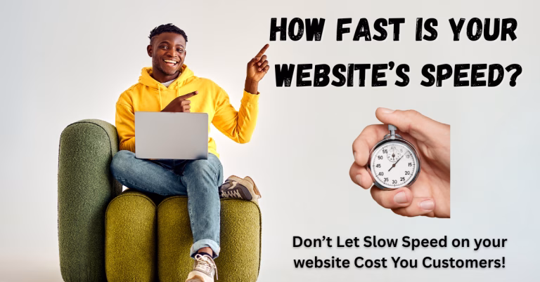 Man smiling and pointing to text “How Fast Is Your Website’s Speed?” with stopwatch graphic, laptop in lap, and subheadline warning about slow website speed costing customers.