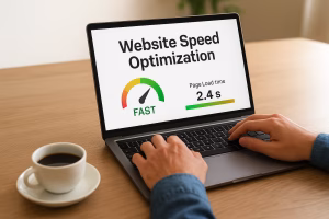 Person typing on a laptop displaying performance metrics and graphs on screen.