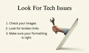 Hand holding wrench emerging from laptop screen with tech troubleshooting checklist