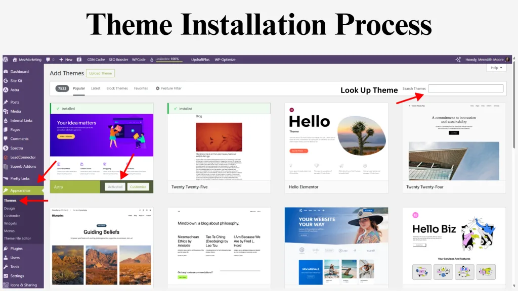 WordPress theme installation process guide showing steps to add themes like Astra and Hello Elementor.