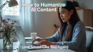 Woman working on a laptop at home with flowers nearby, learning how to humanize AI content.