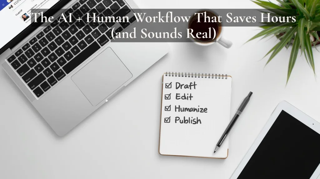 A laptop, notebook, and coffee cup showing a checklist labeled “Draft, Edit, Humanize, Publish,” symbolizing an efficient AI and human content creation workflow for small business owners.