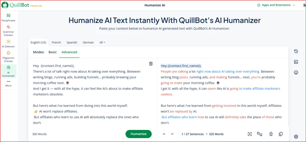 QuillBot AI Humanizer interface showing before and after comparison with original robotic AI-generated text on left being transformed into natural conversational writing on right using Advanced mode, with color-coded word changes highlighted