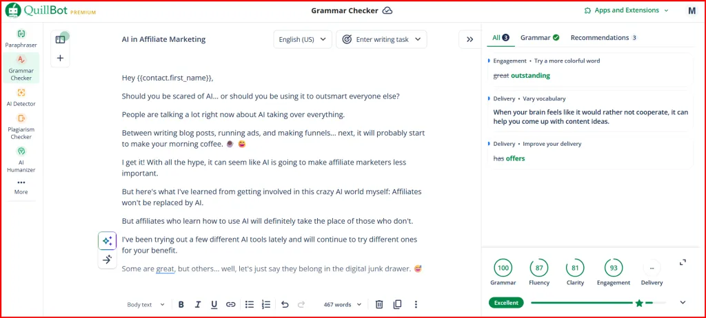QuillBot Grammar Checker interface showing email about AI in affiliate marketing with grammar score of 100, fluency 87, clarity 81, and engagement 93, plus writing recommendations panel highlighting word choice improvements