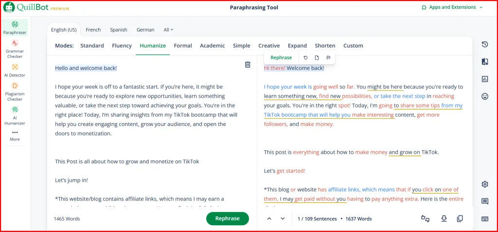 QuillBot Paraphrasing Tool interface showing before and after text comparison using Humanize mode, demonstrating how original content is rewritten with improved flow and natural language while maintaining the same meaning