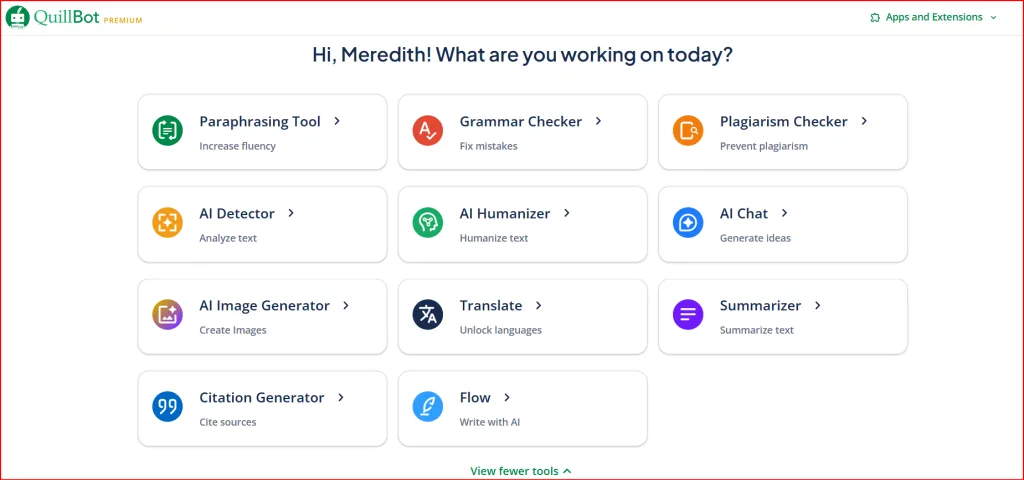 QuillBot Premium dashboard homepage showing all available tools including Paraphrasing Tool, Grammar Checker, Plagiarism Checker, AI Detector, AI Humanizer, AI Chat, Summarizer, Translator, Citation Generator and Flow writing assistant