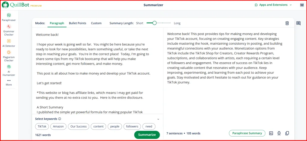 QuillBot Summarizer Tool interface showing original 1621-word blog post on left being condensed into 105-word paragraph summary on right, with keyword selection options and adjustable summary length slider