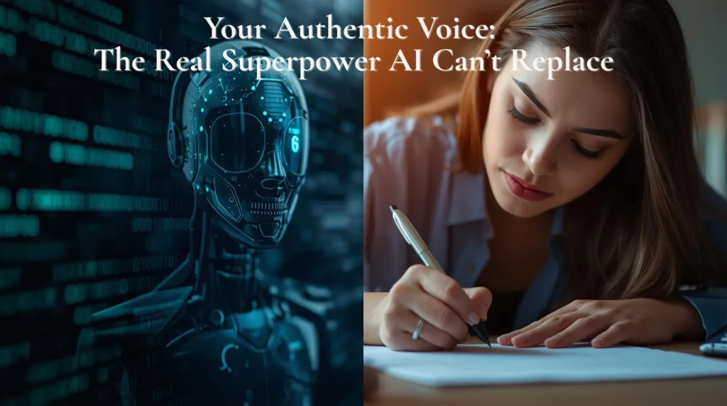 A woman writing by hand next to a futuristic AI robot, symbolizing how small business owners can humanize AI content by adding their authentic voice.