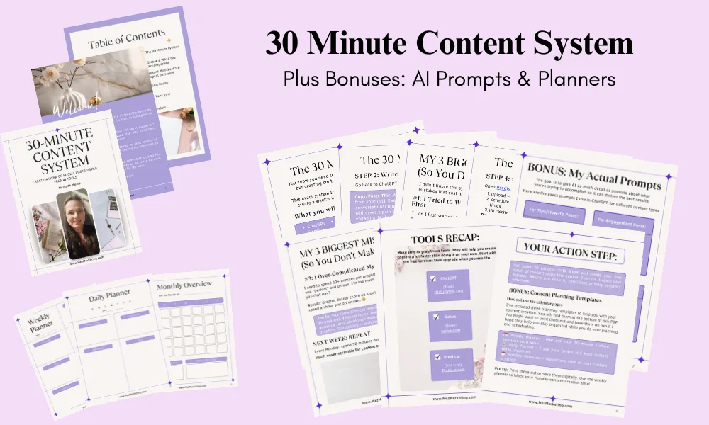 30 Minute Content System digital guide with AI prompts and content planners, including daily, weekly, and monthly templates to create social media and blog content quickly and efficiently