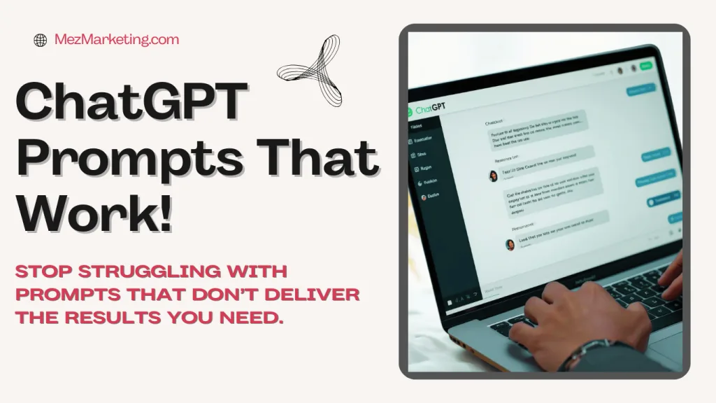 Laptop screen showing a conversation with an AI chatbot, alongside text promoting CatGPT prompts that help users get clearer, more effective results.