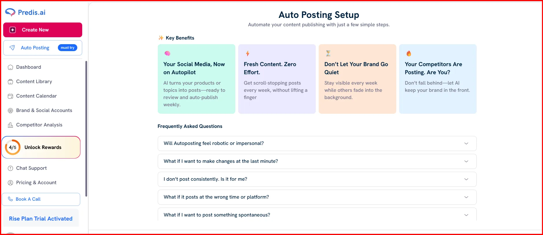 Predis.ai Auto Posting Setup dashboard showing AI-powered benefits like automated content, consistent posting, and fresh weekly posts.