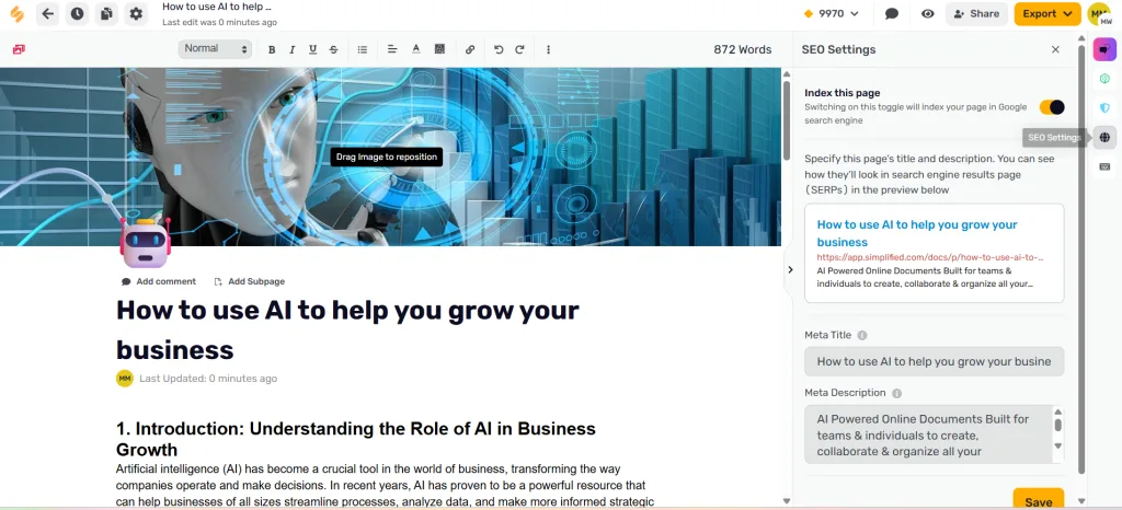 Simplified AI blog writer dashboard showing content creation interface with AI robot assistant and futuristic technology elements