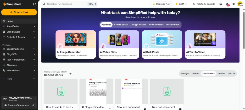 Simplified AI content creation tool dashboard for blog writing and social media