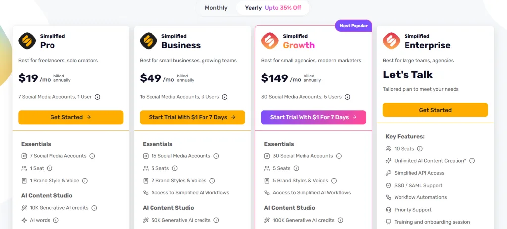 Simplified pricing comparison showing Pro plan at $19/month, Business plan at $49/month, Growth plan at $149/month, and Enterprise custom pricing for teams