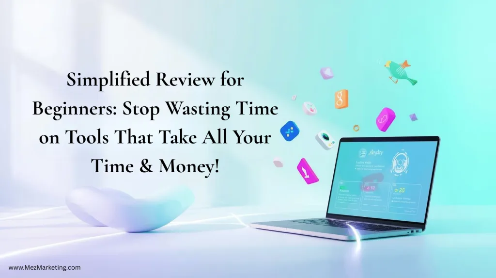 Simplified review for beginners showing laptop with Simplified dashboard interface and floating app icons on gradient background