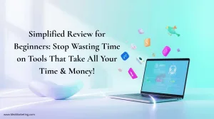 Simplified review for beginners showing laptop with Simplified dashboard interface and floating app icons on gradient background