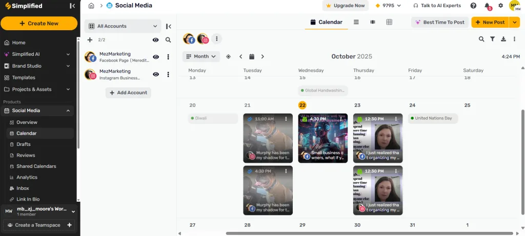Simplified social media calendar showing scheduled Facebook and Instagram posts in monthly view with post thumbnails and timestamps