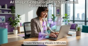 Female entrepreneur using AI image generator tools on laptop to create social media graphics for small business marketing