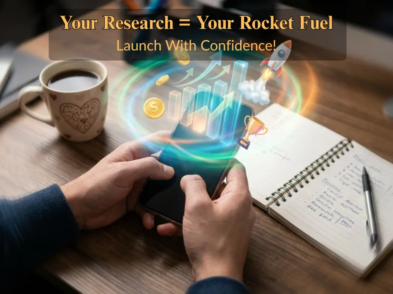 Entrepreneur using AI market research tools on smartphone with augmented reality success visualization