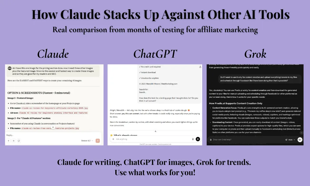 Claude AI review comparison showing Claude ChatGPT and Grok features for affiliate marketing beginners