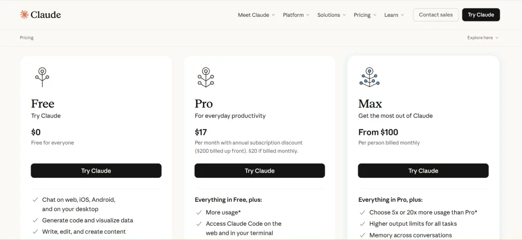 Claude AI review pricing plans showing free pro and max options for affiliate marketers