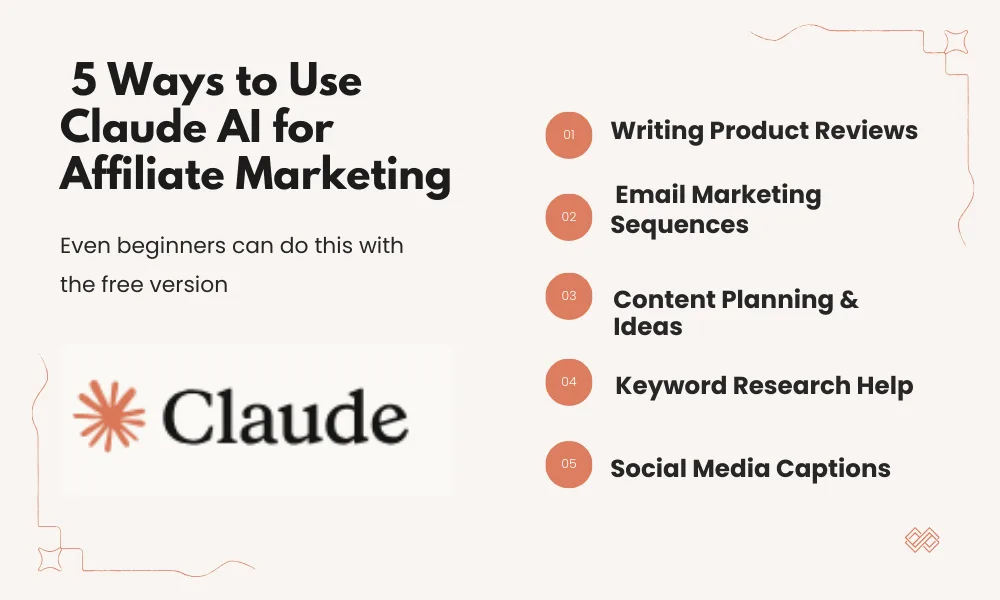 Graphic listing five ways to use Claude AI for affiliate marketing, including writing product reviews, email sequences, content ideas, keyword research, and social media captions, with the Claude logo on a clean minimal background.