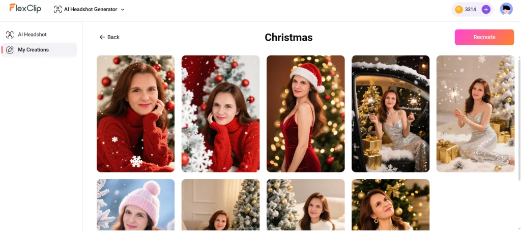 FlexClip AI Headshot Generator Christmas category results screenshot showing a grid of 10 festive AI-generated holiday headshots with Christmas trees, Santa hats, snowflakes, and red outfits