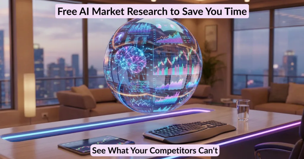 AI-powered market research dashboard displaying competitor analytics, data charts, and insights in a modern workspace.