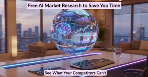 AI-powered market research dashboard displaying competitor analytics, data charts, and insights in a modern workspace.