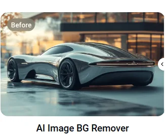 AI image background remover showing a before and after comparison of a futuristic car image with the background removed