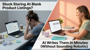 Frustrated entrepreneur staring at blank product listings transforms to confident business owner using AI product description generator to write copy in minutes