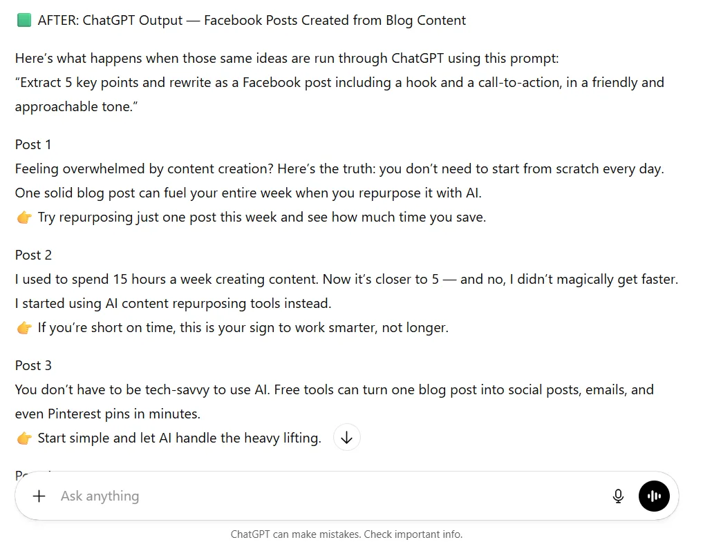 ChatGPT-generated Facebook posts showing AI content repurposing examples with hooks and calls-to-action