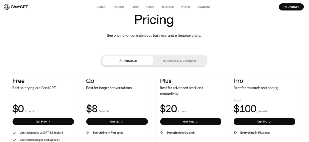 ChatGPT pricing 2026 showing Free, Go, Plus, and Pro plans starting at $0, $8, $20, and $100 per month