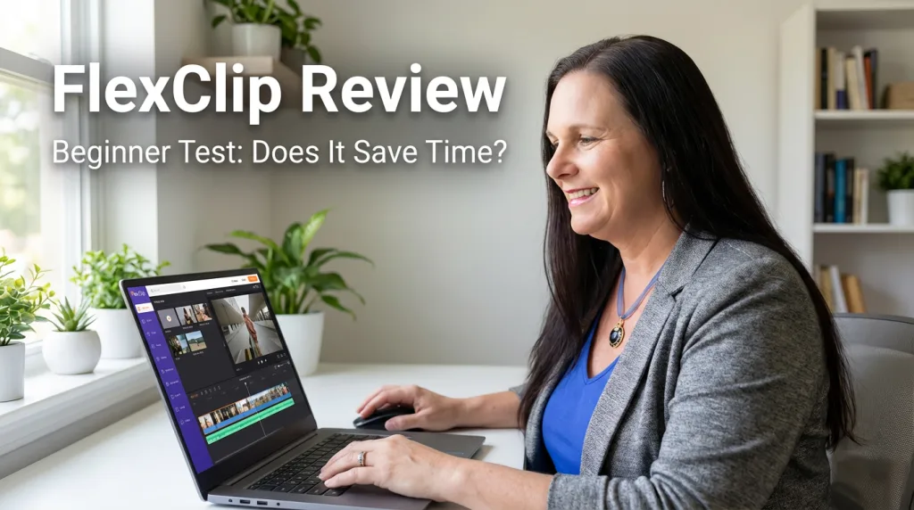 Beginner affiliate marketer editing a video on a laptop during a FlexClip review, testing whether the video editor saves time for beginners.