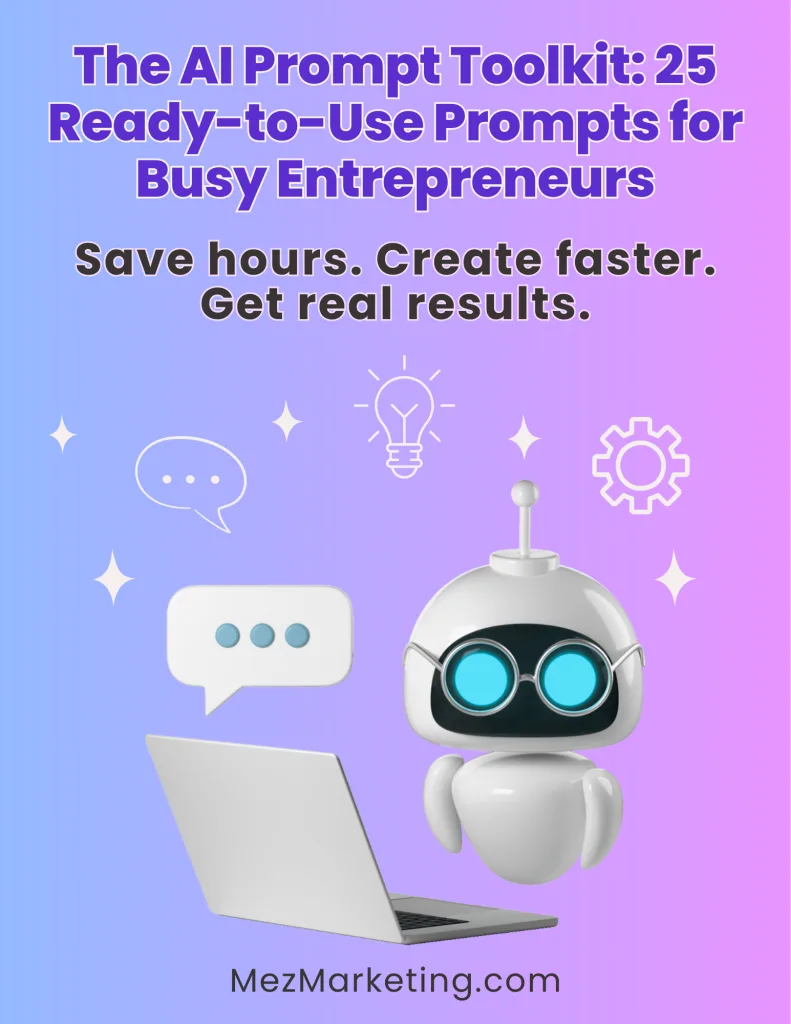 3D illustration of a robot with glowing blue eyes next to a laptop, surrounded by chat bubbles, lightbulb, and gear icons on a purple-pink gradient background, representing AI prompt toolkit for entrepreneurs