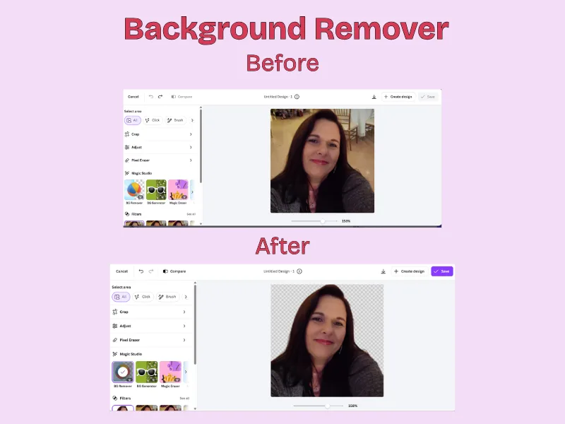 Before and after comparison of Canva’s Background Remover tool, showing a portrait photo with the original indoor background and the edited version with the background removed and transparent.